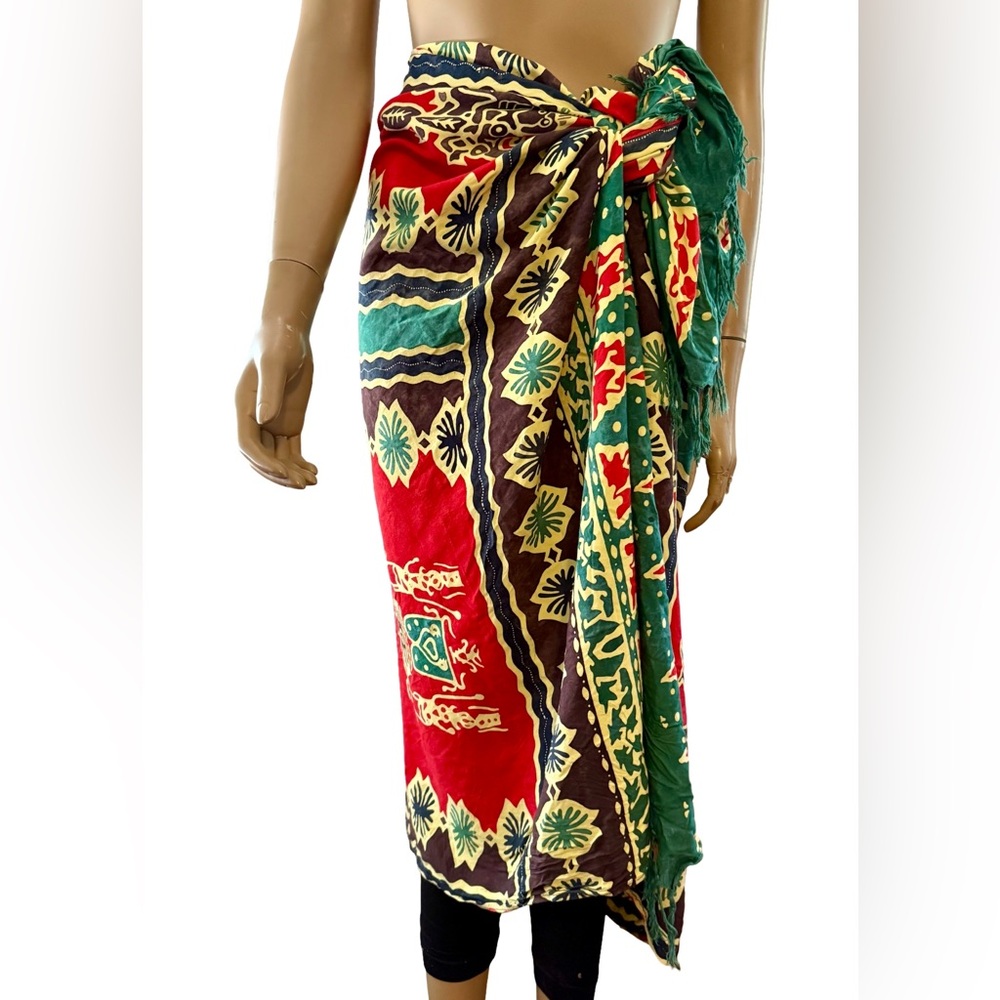 Vintage Red Green Yellow Swim Fringed Sarong with Batik Tropical Boho Design